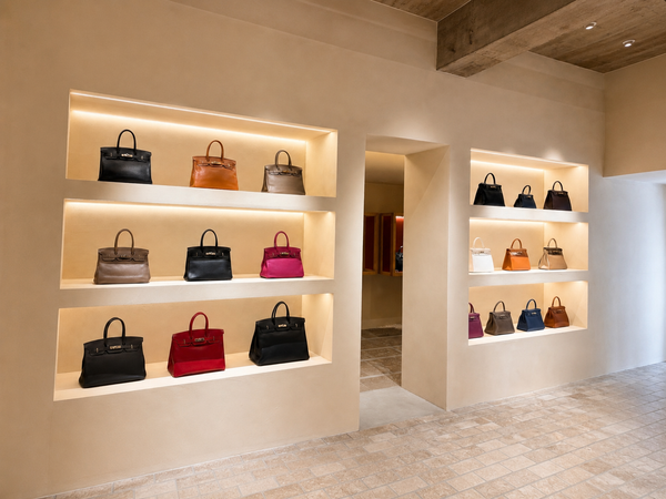 Interior of H3 VINTAGE, a Hermès specialist in Ginza, Tokyo, with shelves of pre-owned Birkin and Kelly bags