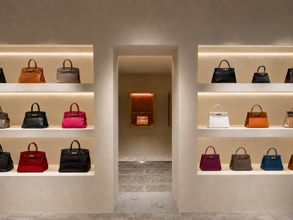 Shelves of authenticated pre-owned Hermès Birkin and Kelly bags at H3 VINTAGE, a specialist in Ginza, Tokyo