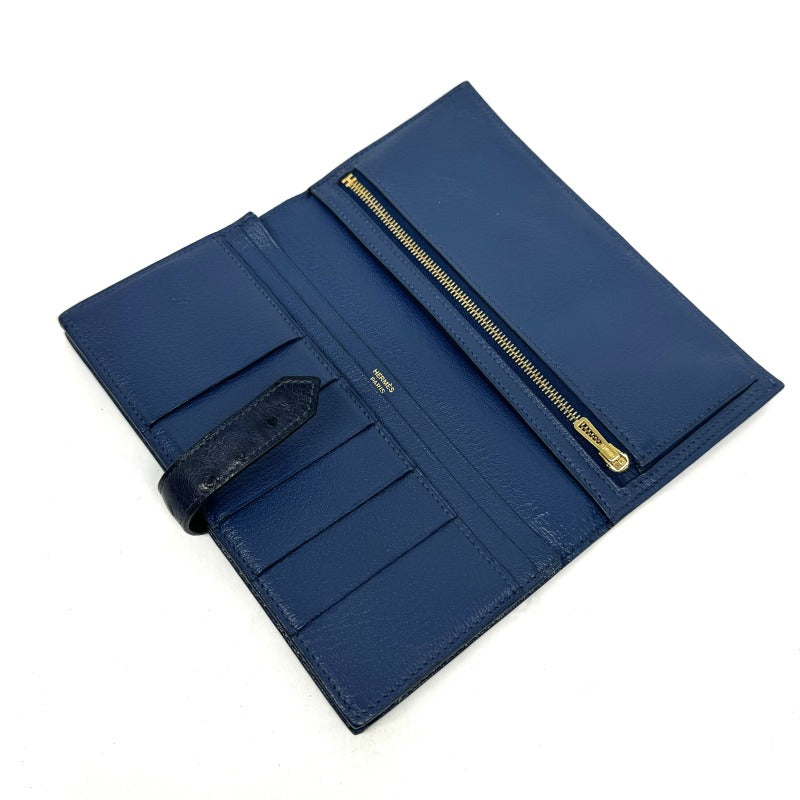 HERMES HERMES B?arn soufflet Bearn soufflet Wallet Long Wallet Long Wallet OEAUStritch Blue Gold Hardware Exotic