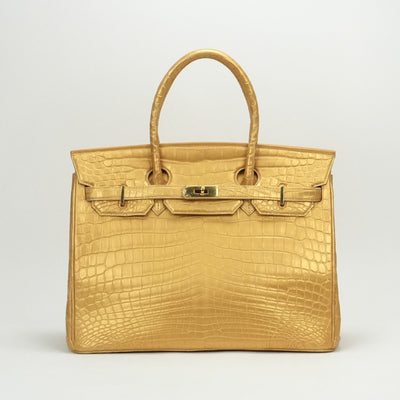 Henroon Bag, tote bag, crocodile, shiny crocodile, genuine leather, gold, gold fittings