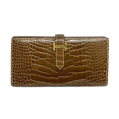 HERMES HERMES B?arn soufflet Bearn soufflet Wallet Long Wallet Long Wallet Alligator Crocodile Brown Gold Hardware