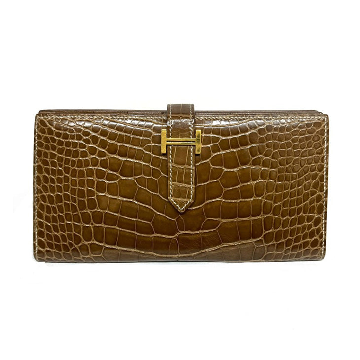 HERMES 爱马仕 B?arn soufflet Bearn soufflet 钱包长钱包长钱包鳄鱼鳄鱼棕色金色硬件