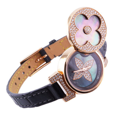 LOUIS VUITTON Louis Vuitton Tambour 시계 손목 시계 핑크 골드 다이아몬드 가죽