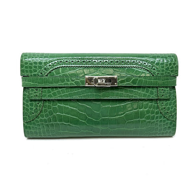 HERMES HERMES Kelly wallet guilloche Kelly wallet long Wallet Long Wallet Long Wallet Alligator Crocodile Green Green Silver Metal Fitting Exotic