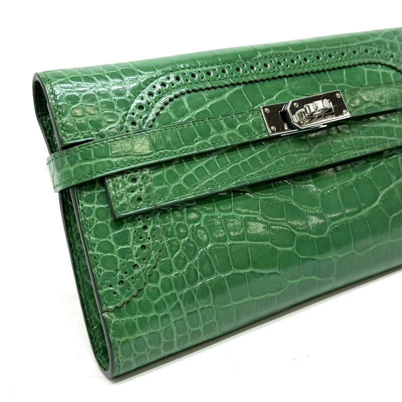 HERMES HERMES Kelly wallet guilloche Kelly wallet long Wallet Long Wallet Long Wallet Alligator Crocodile Green Green Silver Metal Fitting Exotic