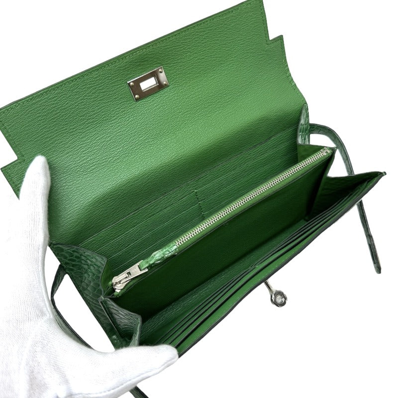 HERMES HERMES Kelly wallet guilloche Kelly wallet long Wallet Long Wallet Long Wallet Alligator Crocodile Green Green Silver Metal Fitting Exotic