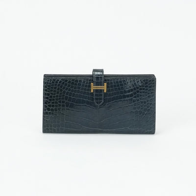 HERMES 爱马仕 B?arn soufflet Bearn soufflet 钱包长钱包长钱包鳄鱼鳄鱼蓝色海洋蓝色海军海军金属奇特