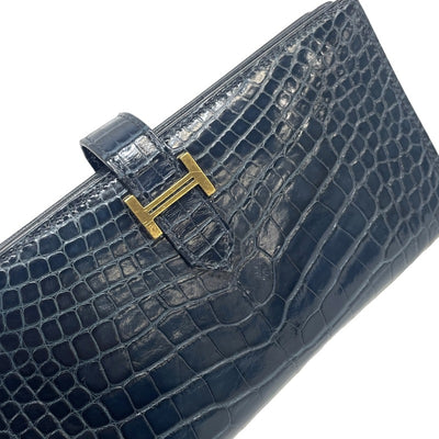 HERMES HERMES B?arn soufflet Bearn soufflet Wallet Long Wallet Long Wallet Alligator Crocodile Blue Marine Blue Navy Navy Gold Metal Exotic