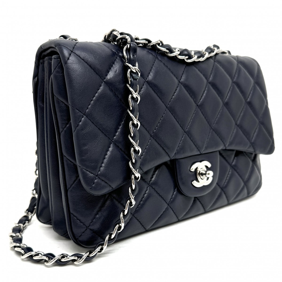 CHANEL 샤넬 Matelasse 25 trio Single flap w 플랩 Double chain W chain Matelass? 가방 숄더백 램스 피부 네이비 네이비 실버 금속 피팅 체인 어깨 가방 S 플랩 W chain Single flap Double chain코코 마크 턴록