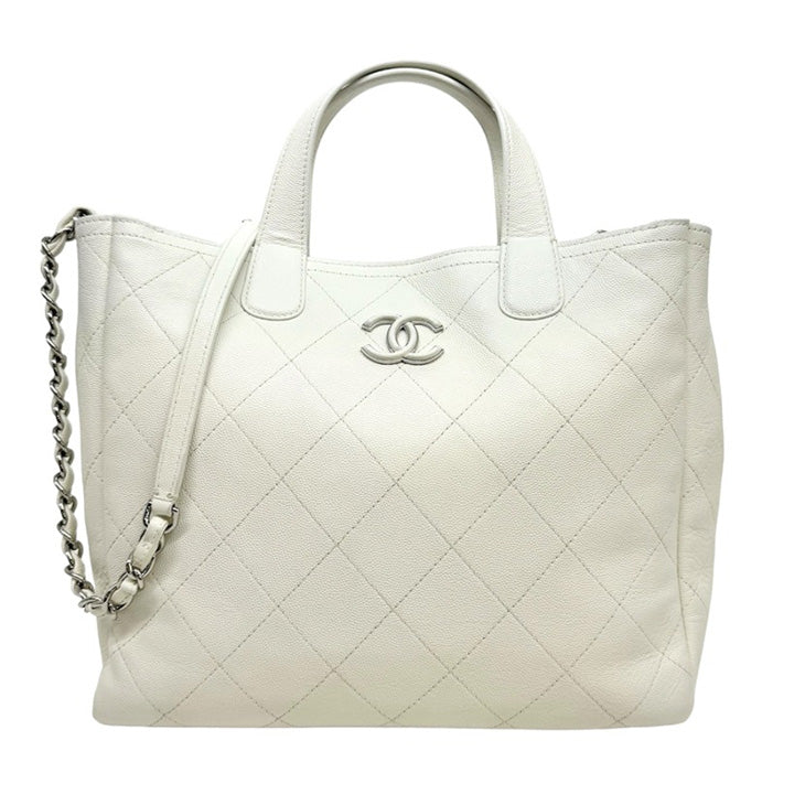 CHANEL CHANEL Matelass? Bag, tote bag, shoulder bag, caviar skin, white, white, silver fittings, handbag, chain bag, 2way bag, Coco mark