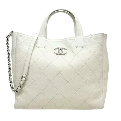 CHANEL CHANEL Matelass? Bag, tote bag, shoulder bag, caviar skin, white, white, silver fittings, handbag, chain bag, 2way bag, Coco mark