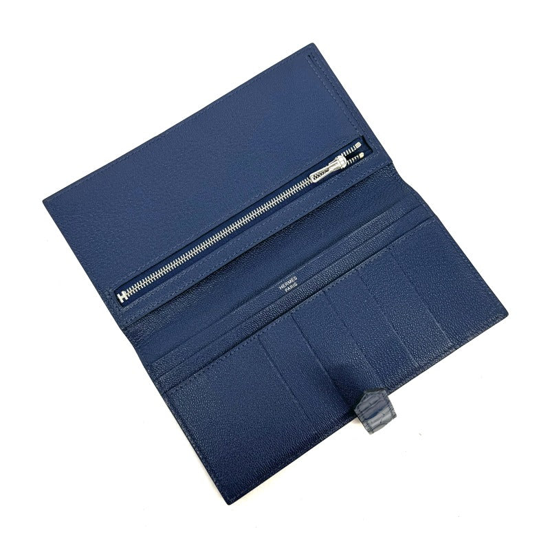 HERMES HERMES Bearn classique Bearn Wallet Long Wallet Long Wallet Alligator Mat Crocodile Blue Silver Metal Fittings