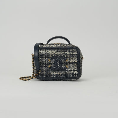 CHANEL 샤넬 Matelasse CC filigree 가방, 토트 백, 숄더백, 파이썬, 트위드, 파란색, 네이비, 파란색, 금 하드웨어, 핸드백, 체인 숄더백, 2 방향 가방 Vanity bag 코코 마크
