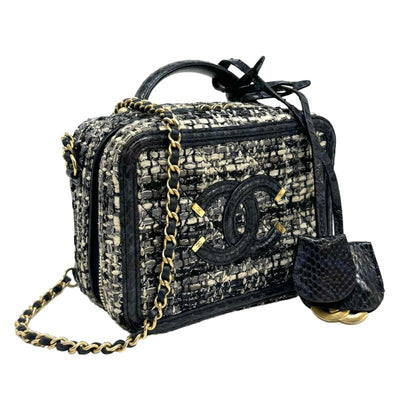 CHANEL 샤넬 Matelasse CC filigree 가방, 토트 백, 숄더백, 파이썬, 트위드, 파란색, 네이비, 파란색, 금 하드웨어, 핸드백, 체인 숄더백, 2 방향 가방 Vanity bag 코코 마크