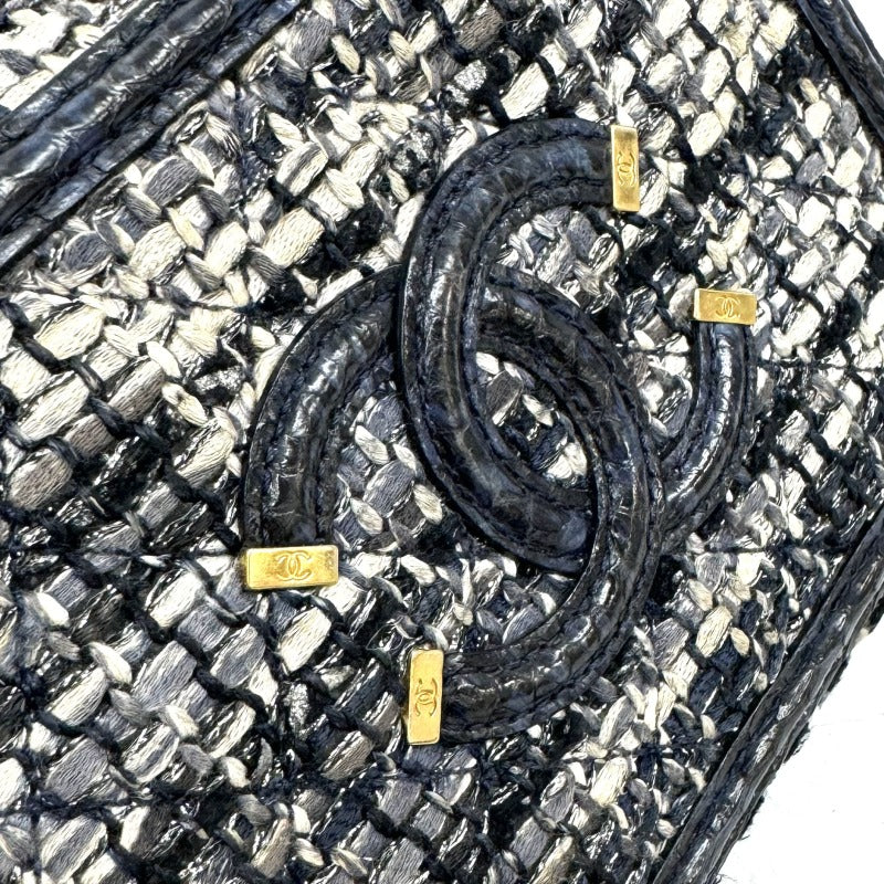 CHANEL 샤넬 Matelasse CC filigree 가방, 토트 백, 숄더백, 파이썬, 트위드, 파란색, 네이비, 파란색, 금 하드웨어, 핸드백, 체인 숄더백, 2 방향 가방 Vanity bag 코코 마크