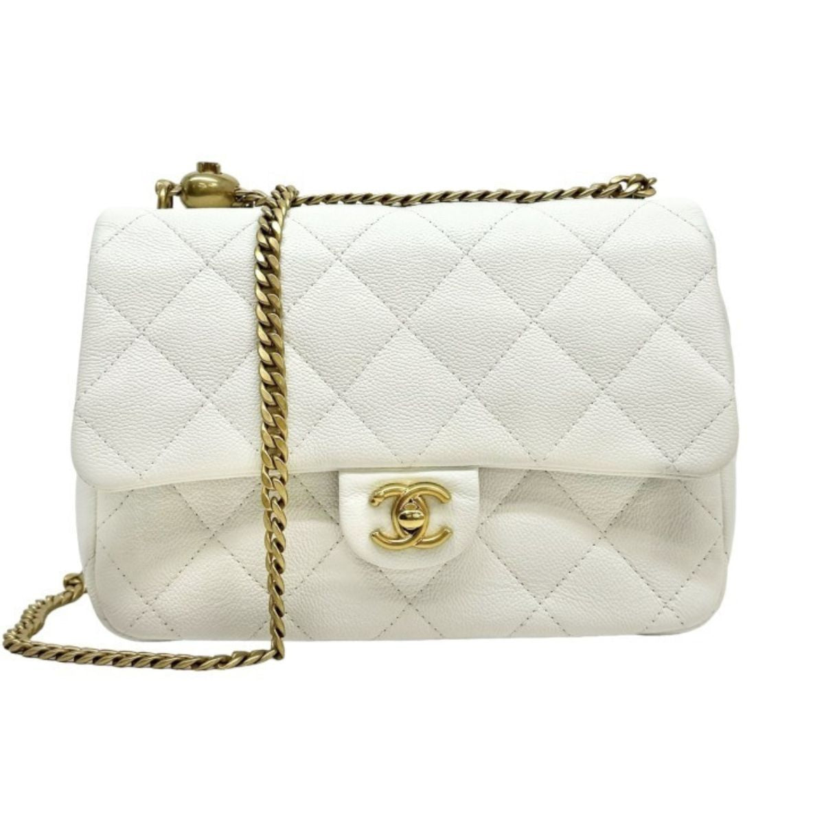 CHANEL CHANEL Matelass? S-flap single flap W chain Double chain Bag Shoulder Bag Caviar Skin White White Gold Hardware Drawstring Chain shoulder bag Coco mark turn lock