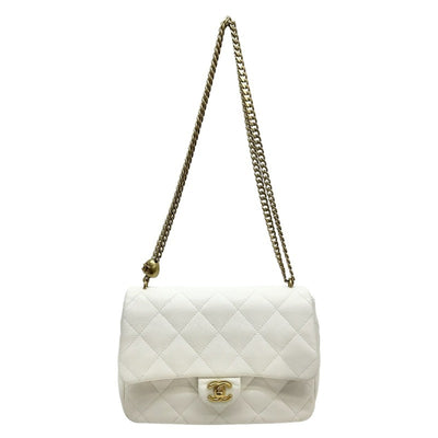 CHANEL 香奈儿 Matelass? S-flap single flap W chain Double chain 袋肩袋鱼子酱皮肤白色白金硬件 Drawstring 连锁肩带可可标记转锁