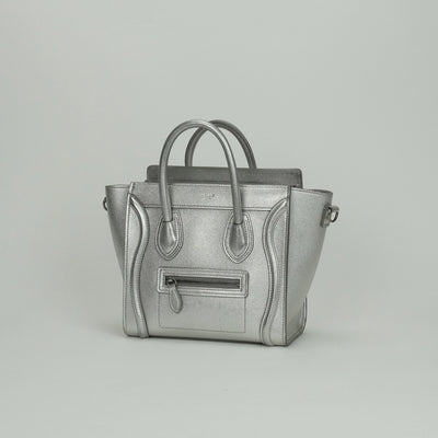 CELINE 셀린 Luggage nano Nano luggage Luggage nano 가방, 토트 백, 숄더백, 부드러운 송아지 가죽, 은색, 은색 금속 피팅, 새로운 로고, 핸드백