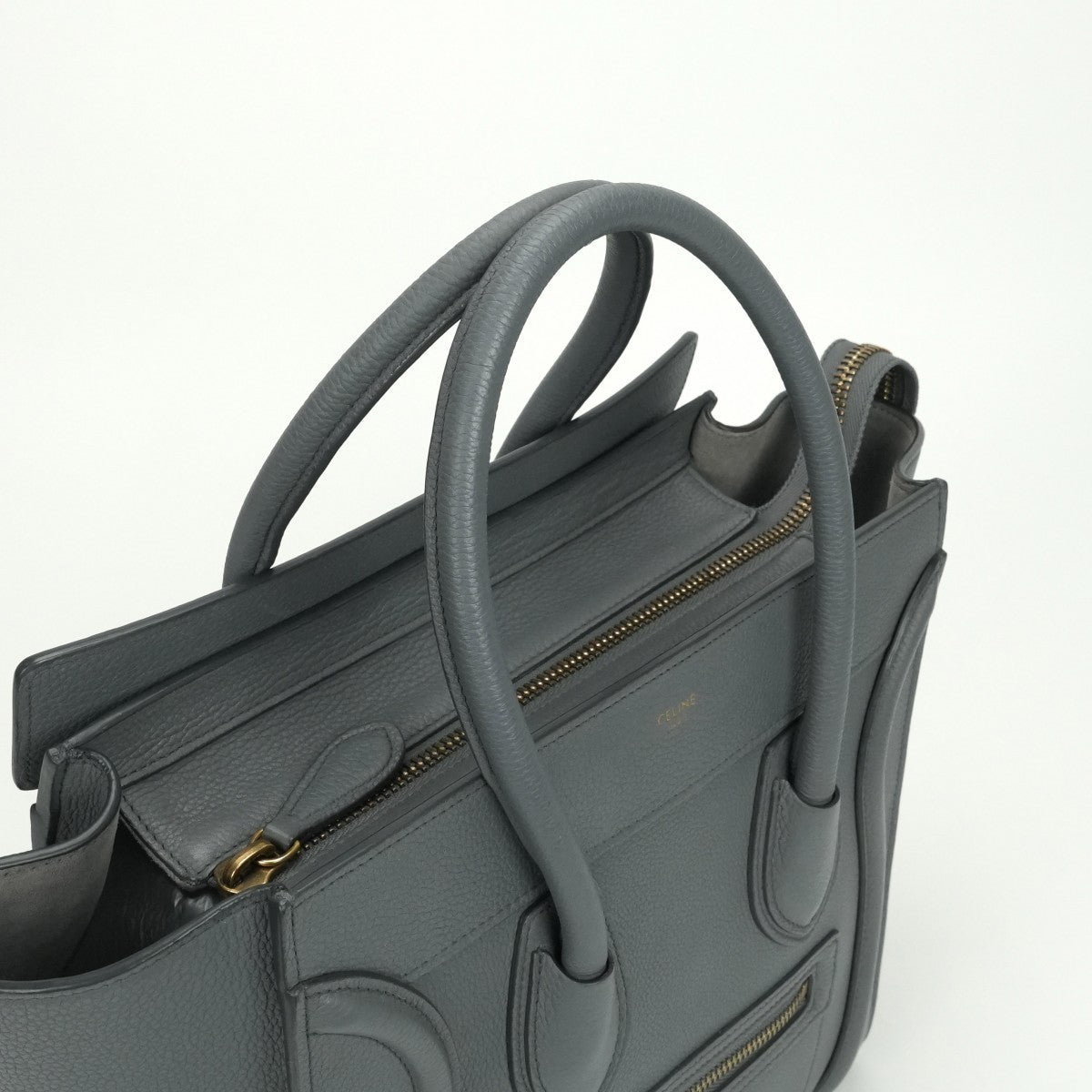 CELINE 셀린 Luggage micro Micro luggage Luggage micro 가방, 토트 백, 송아지 가죽, 회색, 금 하드웨어, 핸드백