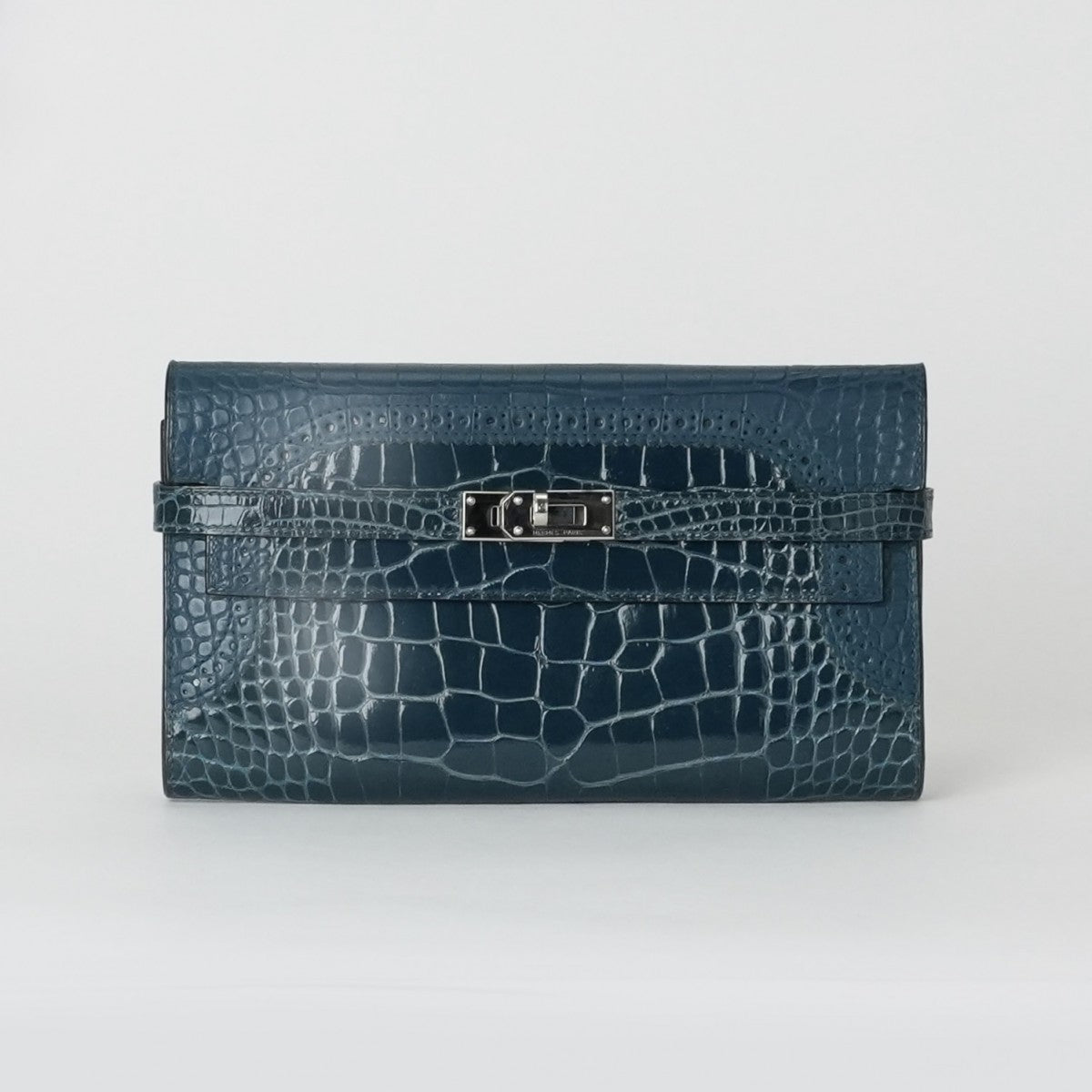 HERMES 헤르메스 Kelly wallet guilloche Kelly wallet long 악어 악어 블루 블루 블루 실버 메탈 피팅 이국