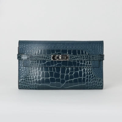 HERMES 헤르메스 Kelly wallet guilloche Kelly wallet long 악어 악어 블루 블루 블루 실버 메탈 피팅 이국