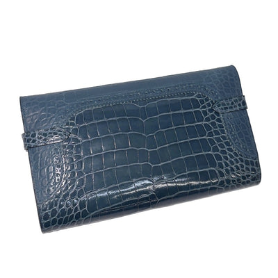 HERMES 헤르메스 Kelly wallet guilloche Kelly wallet long 악어 악어 블루 블루 블루 실버 메탈 피팅 이국