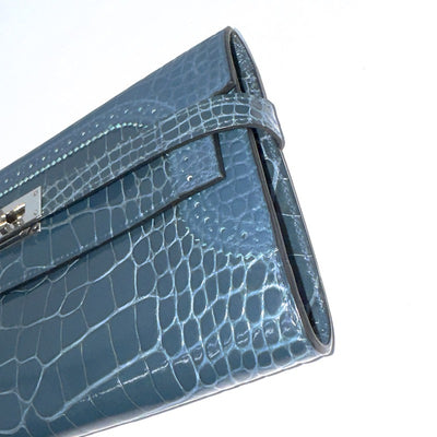 HERMES 헤르메스 Kelly wallet guilloche Kelly wallet long 악어 악어 블루 블루 블루 실버 메탈 피팅 이국