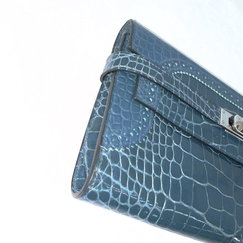 HERMES 헤르메스 Kelly wallet guilloche Kelly wallet long 악어 악어 블루 블루 블루 실버 메탈 피팅 이국