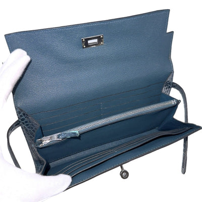 HERMES 헤르메스 Kelly wallet guilloche Kelly wallet long 악어 악어 블루 블루 블루 실버 메탈 피팅 이국