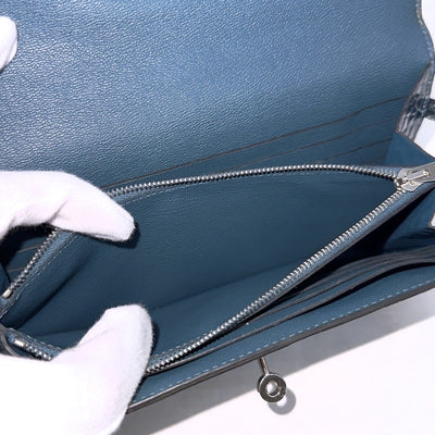 HERMES 헤르메스 Kelly wallet guilloche Kelly wallet long 악어 악어 블루 블루 블루 실버 메탈 피팅 이국