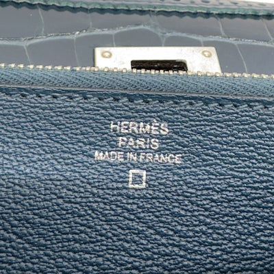 HERMES 헤르메스 Kelly wallet guilloche Kelly wallet long 악어 악어 블루 블루 블루 실버 메탈 피팅 이국