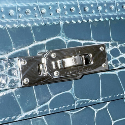 HERMES 헤르메스 Kelly wallet guilloche Kelly wallet long 악어 악어 블루 블루 블루 실버 메탈 피팅 이국