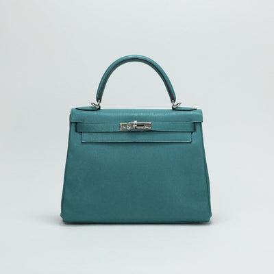HERMES 爱马仕 Kelly 28 Kelly 28 袋，手提袋，肩膀袋，雪卷 Chevre mysore 蓝色Paon蓝色绿色蓝色绿色银金属配件