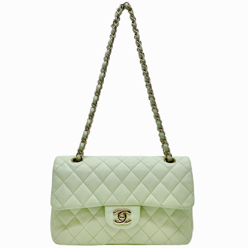 CHANEL 香奈儿 Matelass? Double flapW襟翼Double chain　W chain 袋肩袋鱼子酱皮肤浅绿色绿色绿色绿色金色五金链链肩袋可可标记转锁