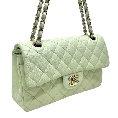 CHANEL 香奈儿 Matelass? Double flapW襟翼Double chain　W chain 袋肩袋鱼子酱皮肤浅绿色绿色绿色绿色金色五金链链肩袋可可标记转锁