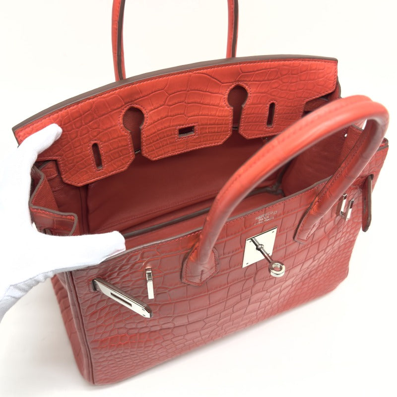 HERMES HERMES Birkin 30 Birkin 30 Alligator Mat Rouge Indian Red Silver Metal Fittings