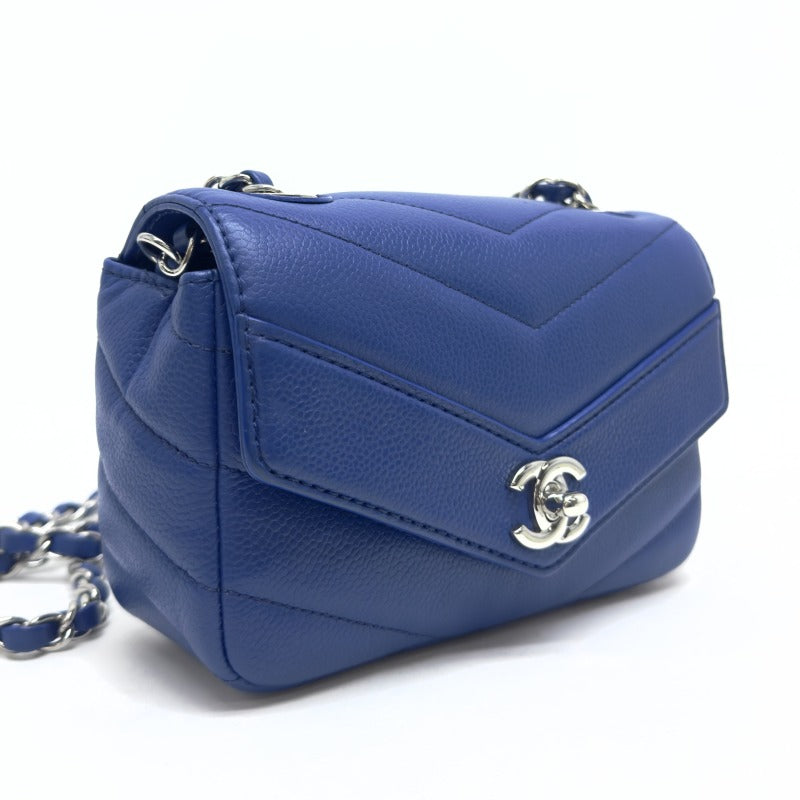 CHANEL CHANEL Chevron v-stitch Mini matelasse Caviar skin blue silver hardware chain shoulder bag Coco mark turn lock