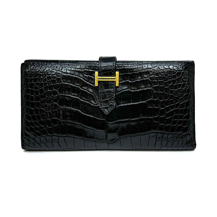 HERMES HERMES Bearn classique Bearn classic Wallet Long Wallet Long Wallet Alligator Crocodile Noir Black Gold Metal Exotic