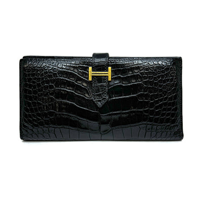 HERMES HERMES Bearn classique Bearn classic Wallet Long Wallet Long Wallet Alligator Crocodile Noir Black Gold Metal Exotic