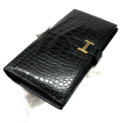 HERMES HERMES Bearn classique Bearn classic Wallet Long Wallet Long Wallet Alligator Crocodile Noir Black Gold Metal Exotic