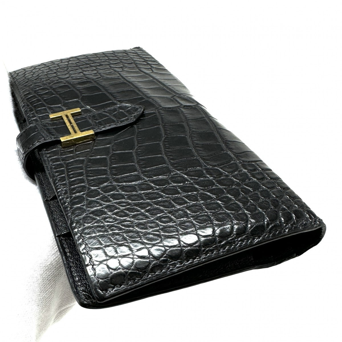 HERMES HERMES Bearn classique Bearn classic Wallet Long Wallet Long Wallet Alligator Crocodile Noir Black Gold Metal Exotic