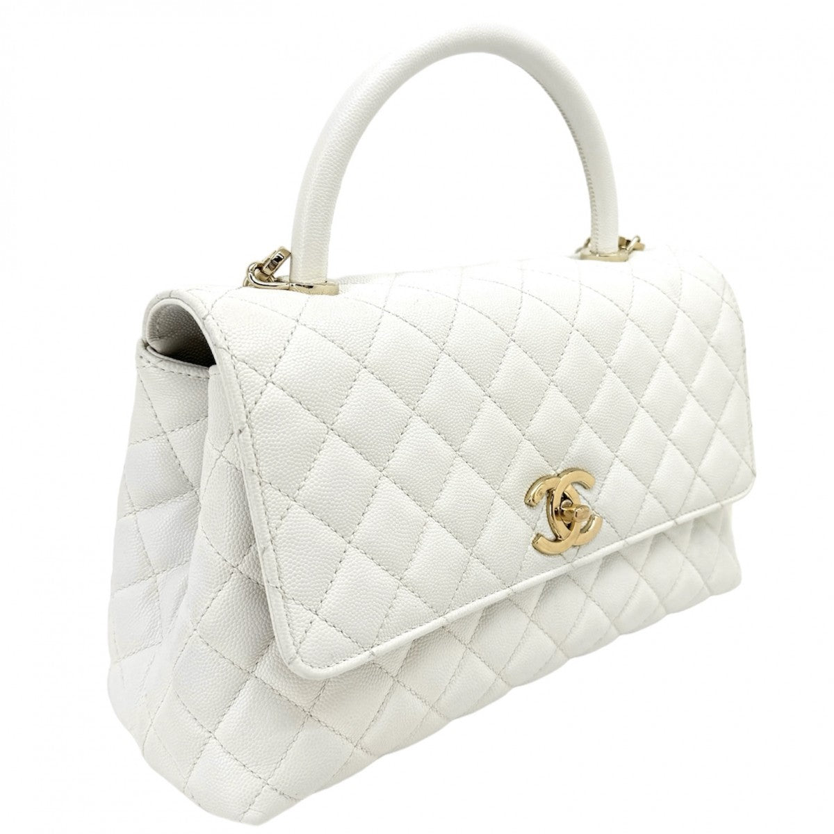 CHANEL CHANEL Coco handle Matelass? Bag, Tote Bag, Shoulder Bag, Caviar Skin, White, White, Gold Hardware, Top Handle, Chain Shoulder Bag, 2way, Coco Mark, Turn Lock