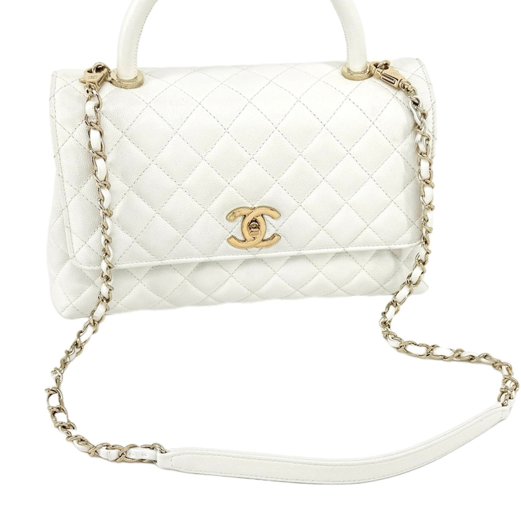 CHANEL CHANEL Coco handle Matelass? Bag, Tote Bag, Shoulder Bag, Caviar Skin, White, White, Gold Hardware, Top Handle, Chain Shoulder Bag, 2way, Coco Mark, Turn Lock