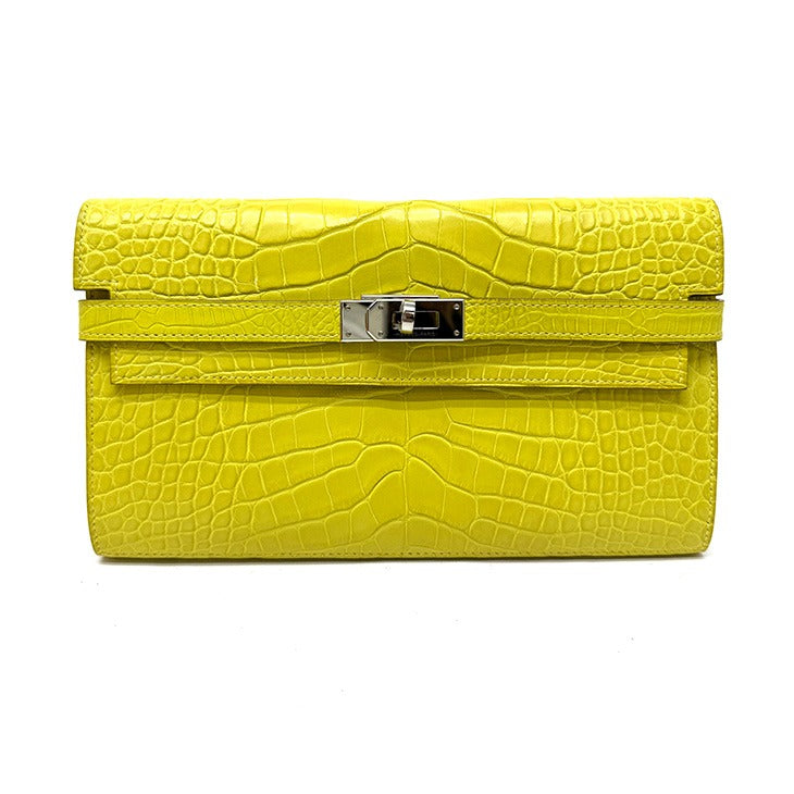 HERMES HERMES Kelly wallet Kelly wallet long Wallet Long Wallet Long Wallet Alligator Crocodile Lime Yellow Yellow Silver Metal Fitting Exotic