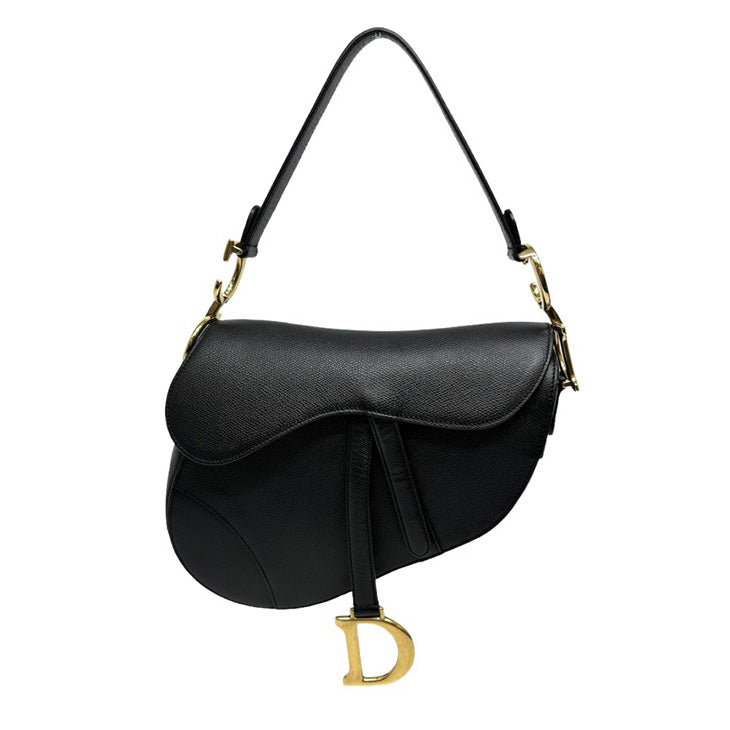 CHRISTIAN DIOR CHRISTIAN DIOR Saddle Bag Shoulder Bag Grained Calfskin Black Gold Metal Fittings