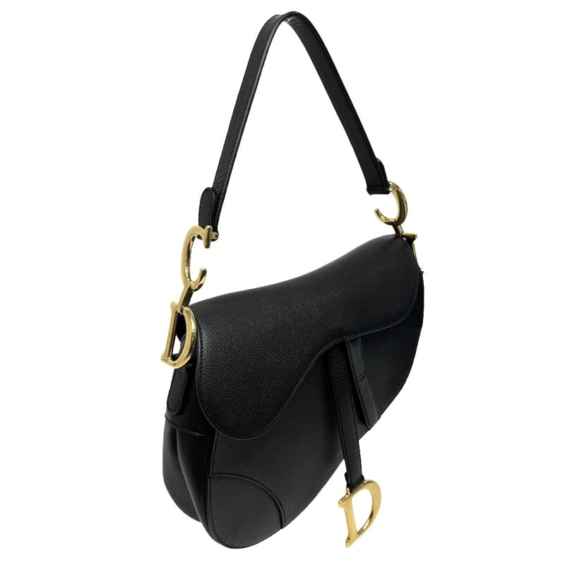 CHRISTIAN DIOR CHRISTIAN DIOR Saddle Bag Shoulder Bag Grained Calfskin Black Gold Metal Fittings