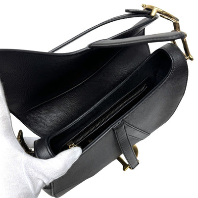 CHRISTIAN DIOR CHRISTIAN DIOR Saddle Bag Shoulder Bag Grained Calfskin Black Gold Metal Fittings