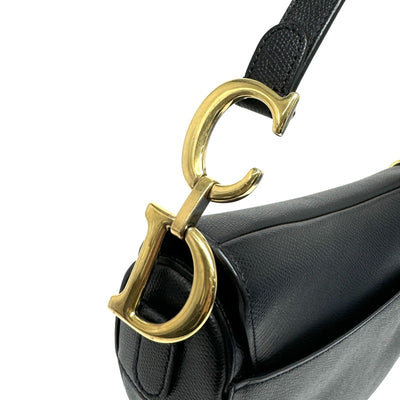 CHRISTIAN DIOR CHRISTIAN DIOR Saddle Bag Shoulder Bag Grained Calfskin Black Gold Metal Fittings