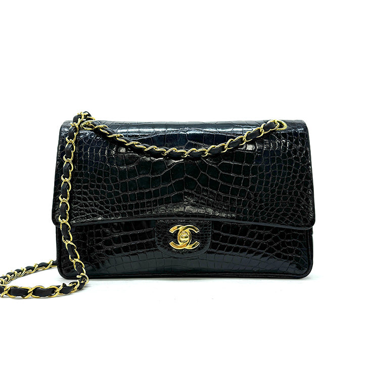 CHANEL CHANEL Matelasse 25 Double flap W flap Double chain W chain Bag Shoulder Bag Crocodile Black Gold Metal