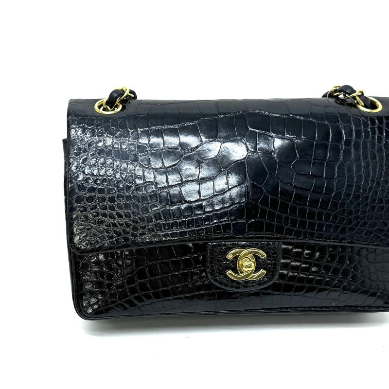 CHANEL CHANEL Matelasse 25 Double flap W flap Double chain W chain Bag Shoulder Bag Crocodile Black Gold Metal